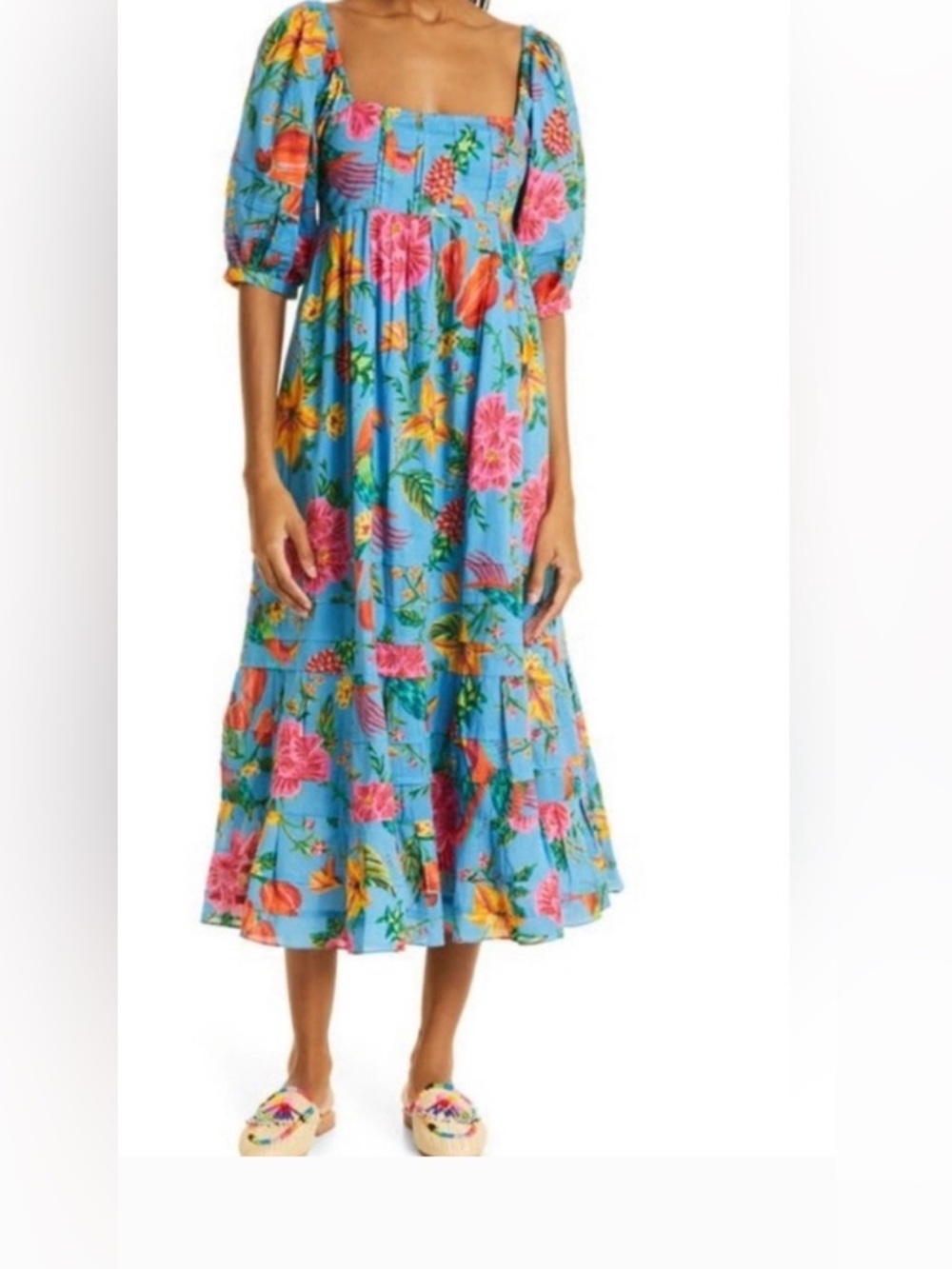 FARM RIO Toucans Garden Midi Dress in Blue, Size XL
